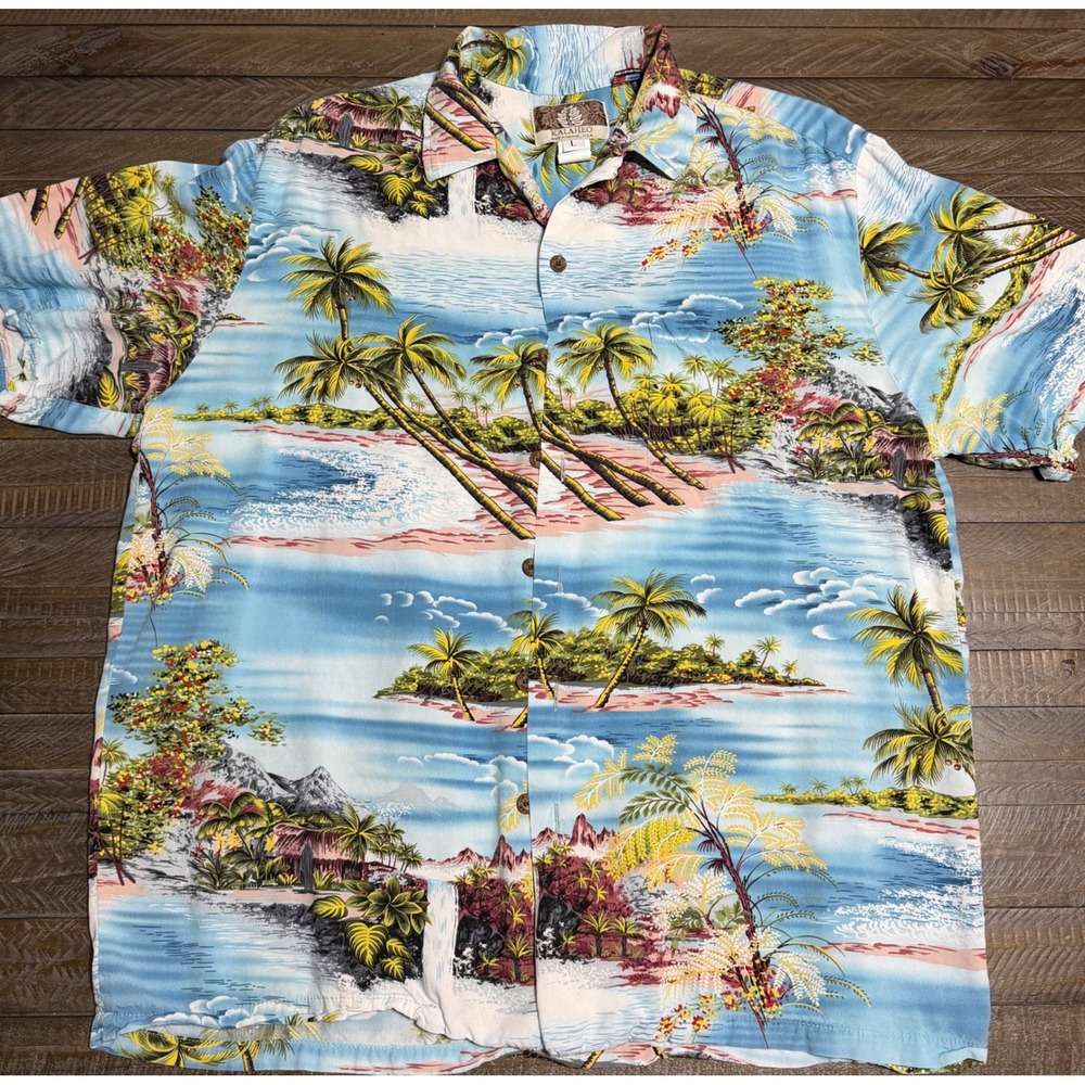 Kalaheo Button Down Shirt Large Blue Tropical Island Print Made Hawaii Preloved